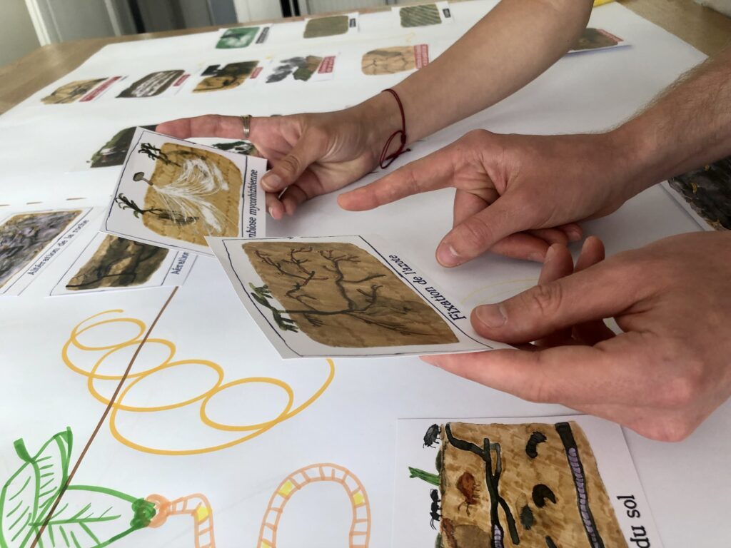 Des mains disposent des cartes illustrées sur une table d'atelier.