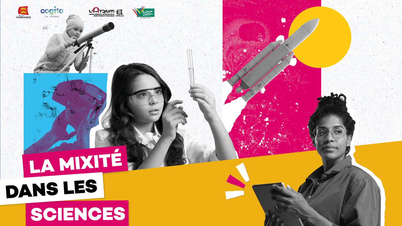 Visuel du parcours : trois femmes scientifiques photographiées en train d'observer, d'expérimenter et de travailler sur tablette, sur aplats de couleurs vives.