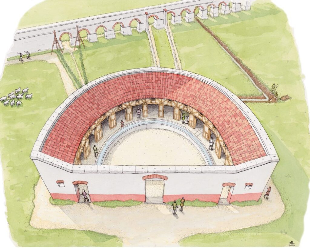 Restitution aquarellée d'un édifice antique aux gradins semi-circulaires.